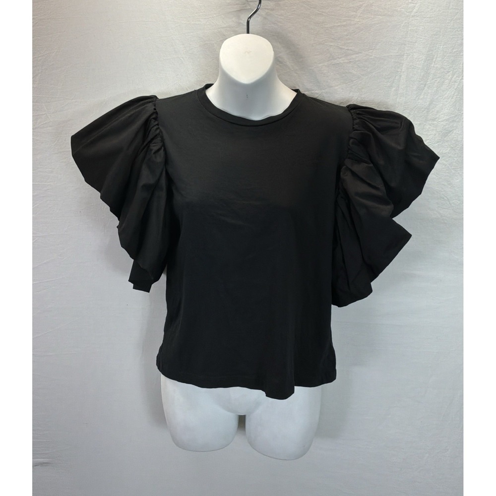 Anthropologie Eugenia Fernandez Black oversized Ruffled Top sz SM preppy cotton